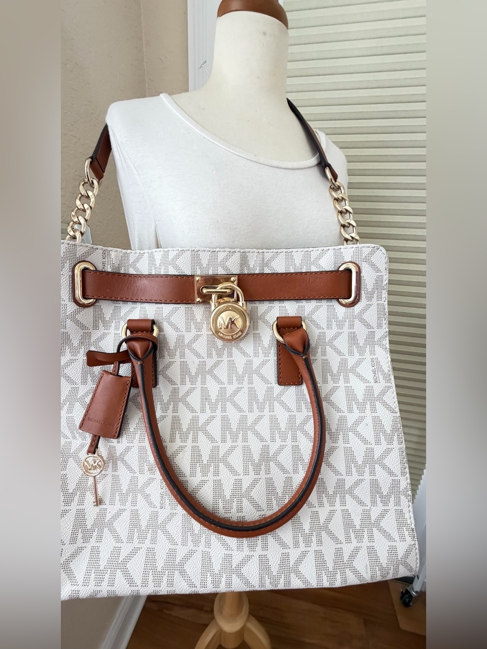 Michael Kors White & Brown MK Logo Tote with Gold Hardware